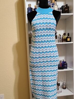 Noisy May Aqua and White Chevron Knit Halter Midi Dress Crochet Size L
